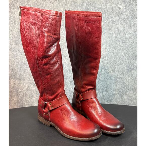 Frye Shoes - FRYE Red Distressed Sz 8.5 Phillip Harness Tall Leather Boots Western Riding Zip